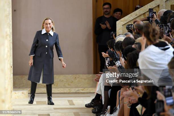 Miuccia Prada walks the runway after the Miu Miu Womenswear Spring/Summer 2020 show as part of Paris Fashion Week on October 01, 2019 in Paris,...