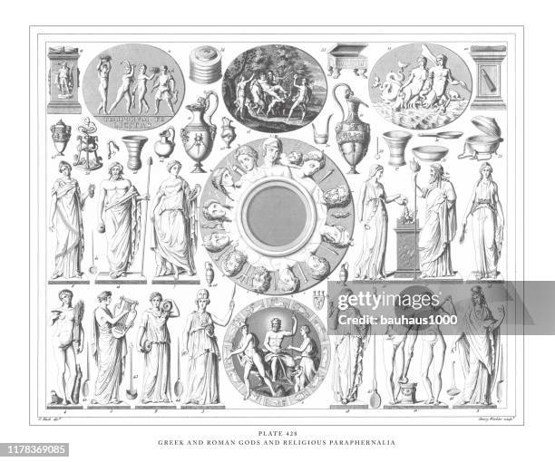 greek and roman gods and religious paraphernalia,  engraving antique illustration, published 1851 - greek goddess stock illustrations