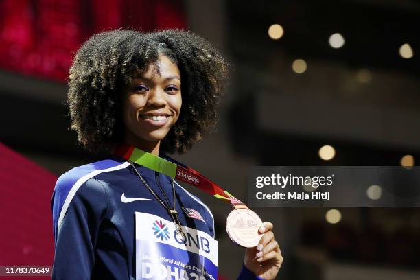 Vashti Cunningham of the United States, bronze, poses during the medal ceremony for the Women's High Jump during day five of 17th IAAF World...