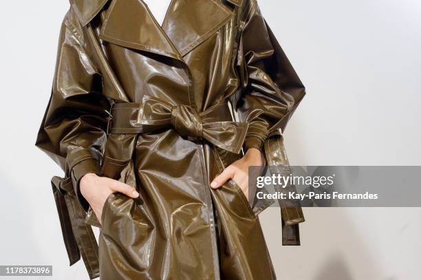 Model poses backstage ahead of the Kristina Fidelskaya Womenswear Spring/Summer 2020 show as part of Paris Fashion Week on September 30, 2019 in...