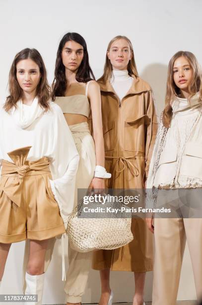 Models pose backstage ahead of the Kristina Fidelskaya Womenswear Spring/Summer 2020 show as part of Paris Fashion Week on September 30, 2019 in...