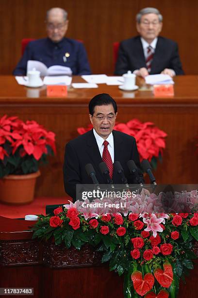 Chinese President Hu Jintao delivers his speech during the celebration of the Communist Party's 90th anniversary at the Great Hall of the People on...