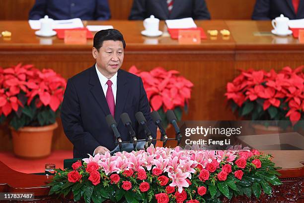 China's Vice President Xi Jinping delivers his speech during the celebration of the Communist Party's 90th anniversary at the Great Hall of the...