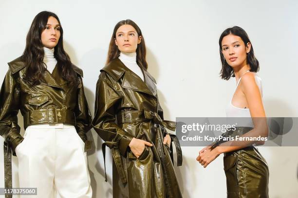 Models pose backstage ahead of the Kristina Fidelskaya Womenswear Spring/Summer 2020 show as part of Paris Fashion Week on September 30, 2019 in...