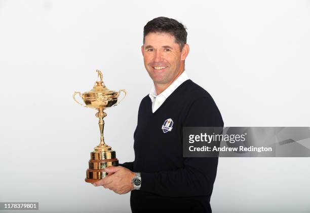 European Captain Padraig Harrington poses with the Ryder Cup during the Ryder Cup 2020 Year to Go media event at Whistling Straits Golf Course on...