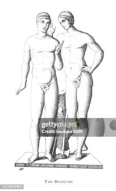 dioscuri, classical deities and mythological characters engraving antique illustration, published 1851 - hermes statue stock illustrations