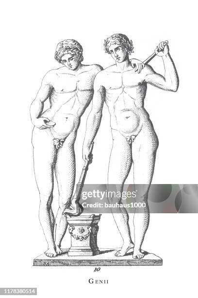 ilustraciones, imágenes clip art, dibujos animados e iconos de stock de genii, géminis, dioses griegos y romanos y parafernalia religiosa grabado ilustración antigua, publicado 1851 - aphrodite