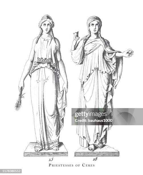 priestess of ceres, greek and roman gods and religious paraphernalia engraving antique illustration, published 1851 - greek goddess stock illustrations