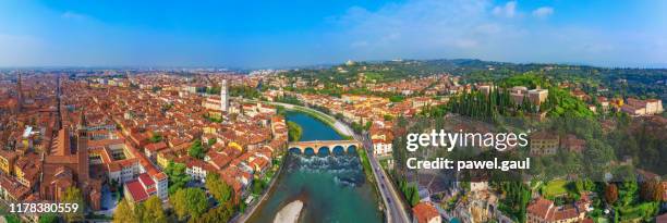 aerial view of verona city and adige river italy - verona italy stock pictures, royalty-free photos & images