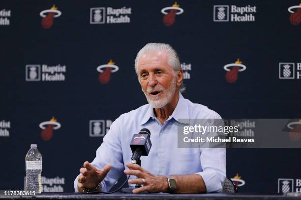 President Pat Riley of the Miami Heat addresses the media during the introductory press conference for Jimmy Butler at American Airlines Arena on...