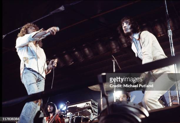Rock band The Who perform on stage at The Oval cricket ground, London, 18th September 1971. L-R Roger Daltrey, John Entwistle , Keith Moon and Pete...