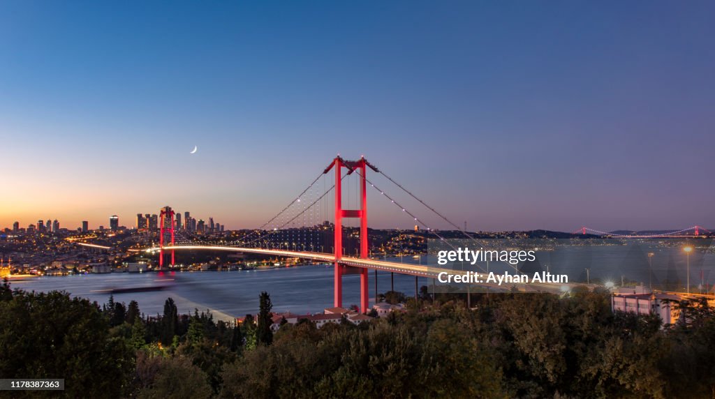 The July 15 Martyr's Bridge (Bosphorus Bridge) at night in Istanbul, Turkey