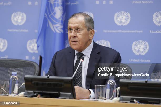 Sergey V Lavrov, Minister for Foreign Affairs of the Russian Federation, briefs reporters on the sidelines of the general debate of the General...