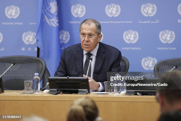 Sergey V Lavrov, Minister for Foreign Affairs of the Russian Federation, briefs reporters on the sidelines of the general debate of the General...