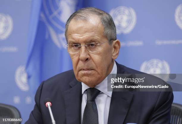 Sergey V Lavrov, Minister for Foreign Affairs of the Russian Federation, briefs reporters on the sidelines of the general debate of the General...