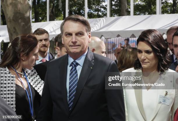Candid portrait of Brazilian President Jair Bolsonaro and Wife Michelle Bolsonaro during the 74th session of the General Assembly at the UN...