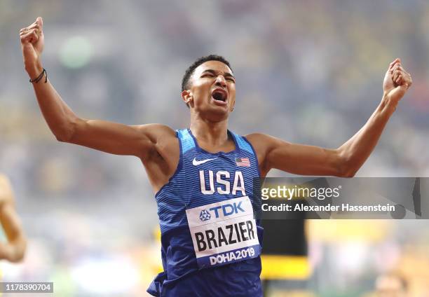 Donavan Brazier of the United States celebrates winning the Men's 800 Metres final during day five of 17th IAAF World Athletics Championships Doha...