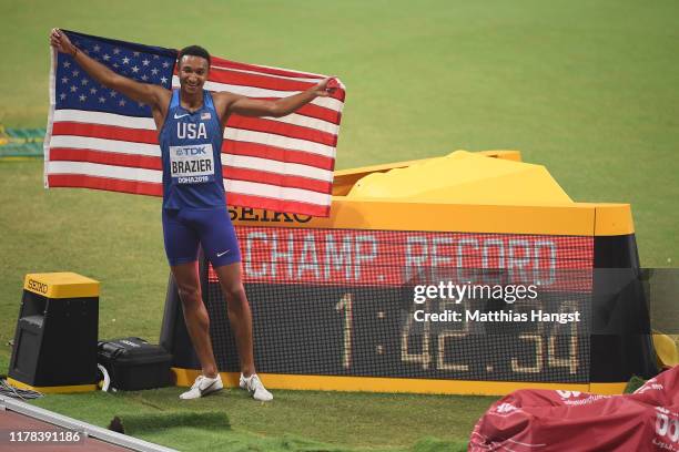 Donavan Brazier of the United States celebrates winning the Men's 800 Metres final during day five of 17th IAAF World Athletics Championships Doha...