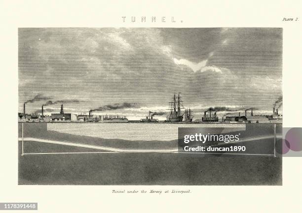 illustration of tunnel under the mersey, liverpool, 19th century - river mersey stock illustrations