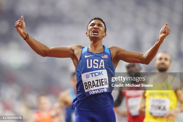 Donavan Brazier of the United States celebrates winning the Men's 800 Metres final during day five of 17th IAAF World Athletics Championships Doha...