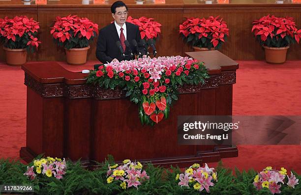 Chinese President Hu Jintao delivers his speech during the celebration of the Communist Party's 90th anniversary at the Great Hall of the People on...