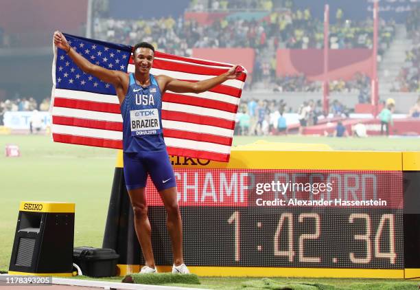 Donavan Brazier of the United States celebrates winning the Men's 800 Metres final during day five of 17th IAAF World Athletics Championships Doha...