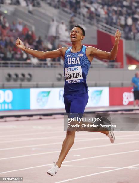 Donavan Brazier of the United States celebrates winning the Men's 800 Metres final during day five of 17th IAAF World Athletics Championships Doha...