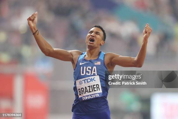 Donavan Brazier of the United States celebrates winning the Men's 800 Metres final during day five of 17th IAAF World Athletics Championships Doha...