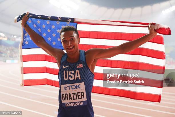 Donavan Brazier of the United States celebrates winning the Men's 800 Metres final during day five of 17th IAAF World Athletics Championships Doha...