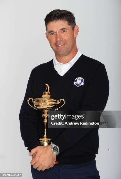 European Captain Padraig Harrington poses with the Ryder Cup trophy during the Ryder Cup 2020 Year to Go Media Event at Whistling Straits Golf Club...