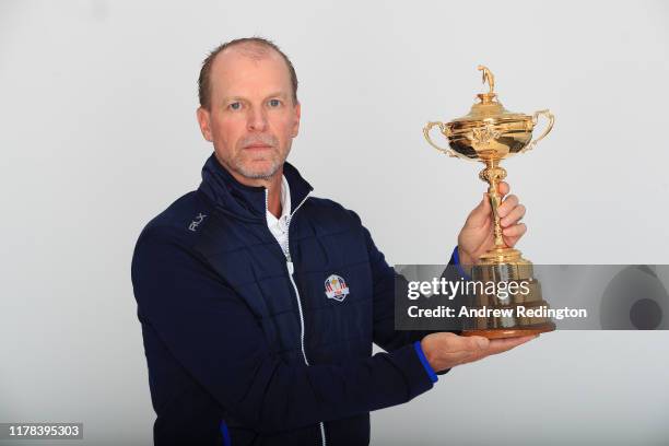 United States Captain Steve Stricker poses with the Ryder Cup trophy during the Ryder Cup 2020 Year to Go Media Event at Whistling Straits Golf Club...