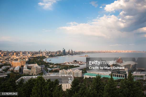 wide angle view of downtown baku on the caspian sea, baku, azerbaijan - caspian sea city stock pictures, royalty-free photos & images