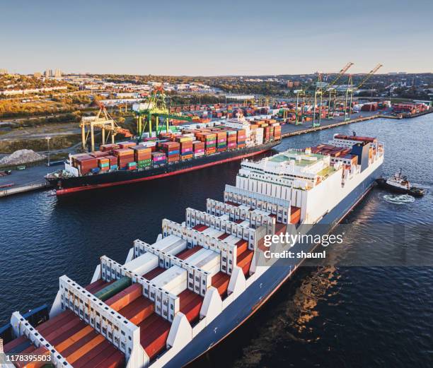 container ship nearing port - halifax harbour stock pictures, royalty-free photos & images