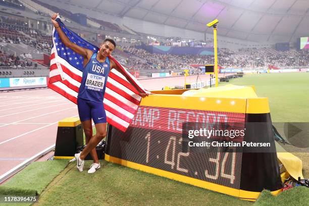 Donavan Brazier of the United States celebrates winning the Men's 800 Metres final during day five of 17th IAAF World Athletics Championships Doha...