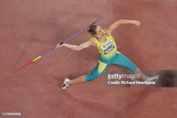 Kelsey-Lee Barber of Australia competes in the Women's Javelin Throw final during day five of 17th IAAF World Athletics Championships Doha 2019 at...