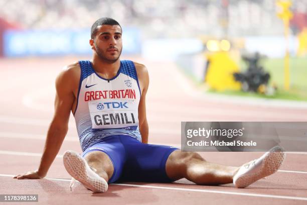 Adam Gemili of Great Britain reacts after the Men’s 200 Metres final during day five of 17th IAAF World Athletics Championships Doha 2019 at Khalifa...