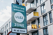 Ultra Low Emission Zone (ULEZ) sign on a street in London, UK.