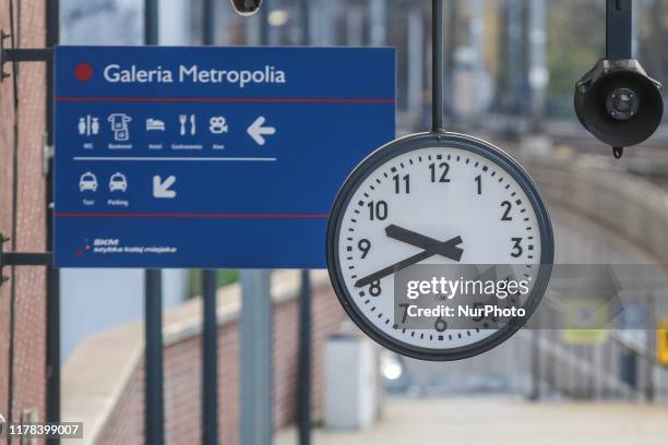 Railway station clock is seen in Gdansk, Poland on 26 October 2019 On October 27th when local daylight time is about to reach 3 a.m. Clocks in Poland...