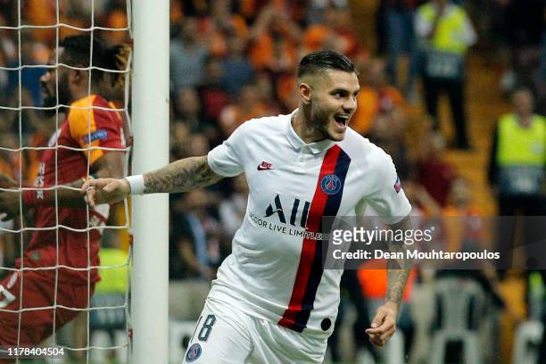 Mauro Icardi of Paris Saint-Germain celebrates after scoring his team's first goal during the UEFA Champions League group A match between Galatasaray...