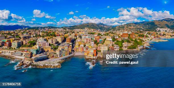 boccadasse stadsdel i genua utsikt över flyg - genoa bildbanksfoton och bilder