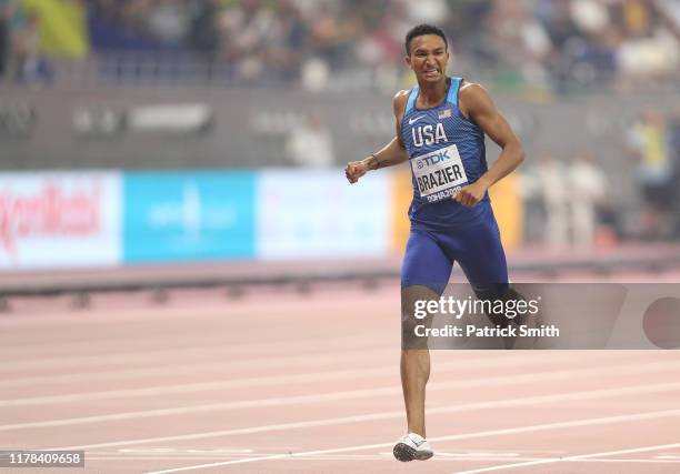 Donavan Brazier of the United States celebrates winning gold as he crosses the finish line in the Men's 800 Metres final during day five of 17th IAAF...