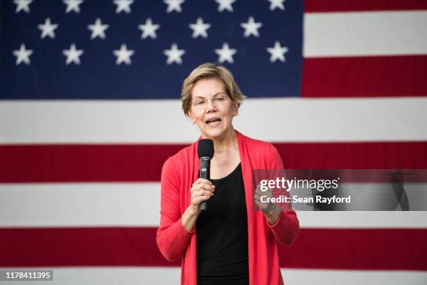 Democratic presidential candidate, Sen. Elizabeth Warren addresses a crowd outside of the Francis Marion Performing Arts Center October 26, 2019 in...