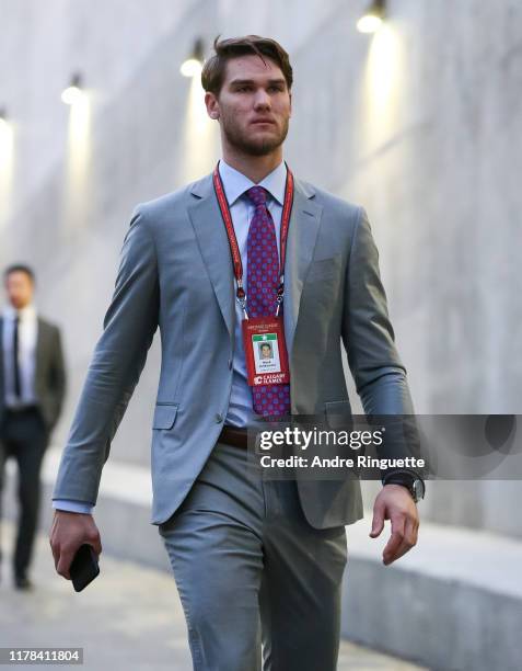 Mark Jankowski of the Calgary Flames arrives in advance of the 2019 Tim Hortons NHL Heritage Classic to be played against the Winnipeg Jets at Mosaic...