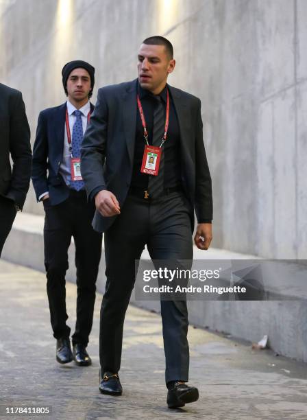 Johnny Gaudreau and Milan Lucic of the Calgary Flames arrive in advance of the 2019 Tim Hortons NHL Heritage Classic to be played against the...