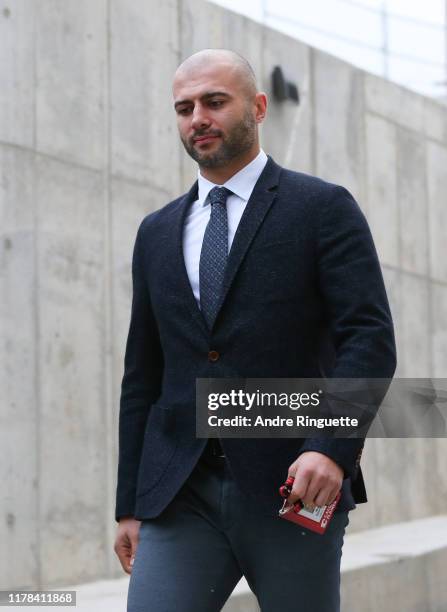 Mark Giordano of the Calgary Flames arrives in advance of the 2019 Tim Hortons NHL Heritage Classic to be played against the Winnipeg Jets at Mosaic...