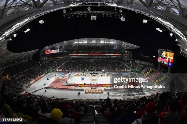 Wide view of the stadium in advance of the Calgary Flames taking on the Winnipeg Jets during the 2019 Tim Hortons NHL Heritage Classic at Mosaic...