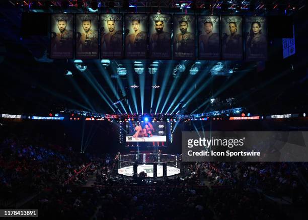 General view of the Bellator MMA cage during the Bellator 232 on October 26, 2019 at the Mohegan Sun Arena in Uncasville, Connecticut.