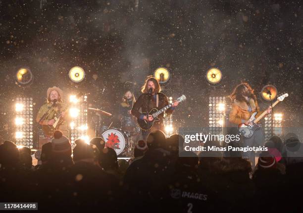 The Sheepdogs perform during the first intermission as the Calgary Flames take on the Winnipeg Jets during the 2019 Tim Hortons NHL Heritage Classic...