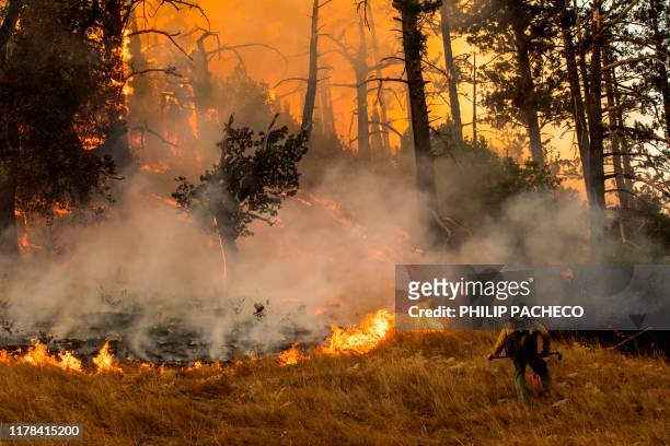 Firefighter watches over a back fire along a hillside during firefighting operations to battle the Kincade Fire in Healdsburg, California on October...