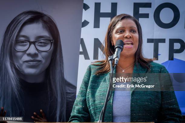 Attorney General of New York State Letitia James. Immigration advocates and allies gathered at Battery Park to launch an 18-day march to Washington,...